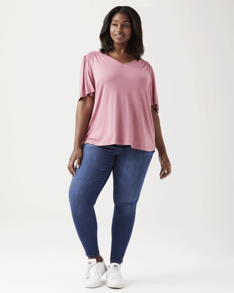 Plus size model wearing Lydia Smocked Shoulder Top by BOBEAU | Dia&Co | dia_product_style_image_id:127983